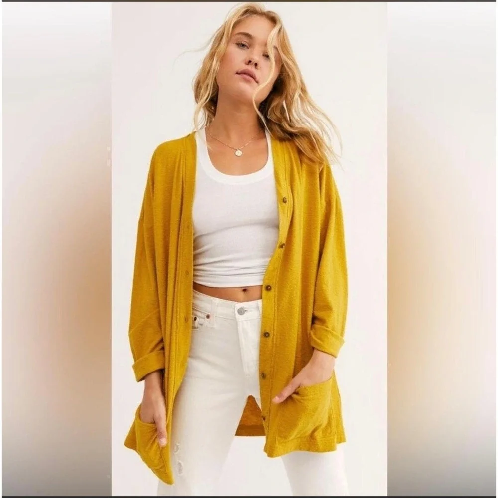 Free People Beach Mustard Yellow Cotton Button Front Cardigan Sweater Small Boho